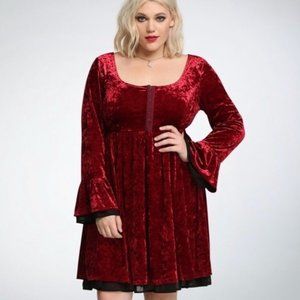 Torrid Crushed Velvet Bell Sleeve Dress, NWT, sz 1X, Red/Black, Fit & Flare
